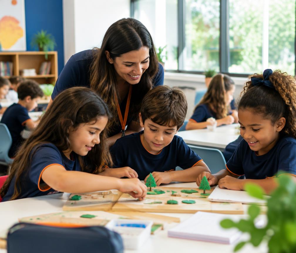 Crianças dos anos iniciais aprendendo com uma professora em sala de aula