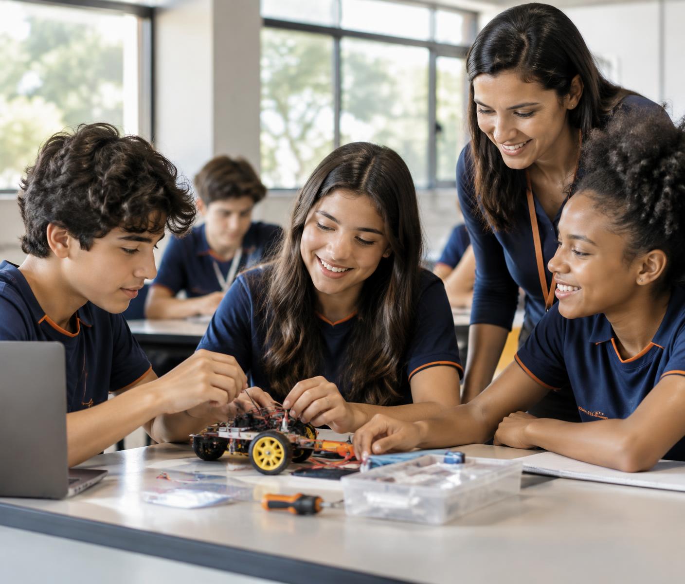 Alunos do Colégio Cathedral em atividade prática com uma professora