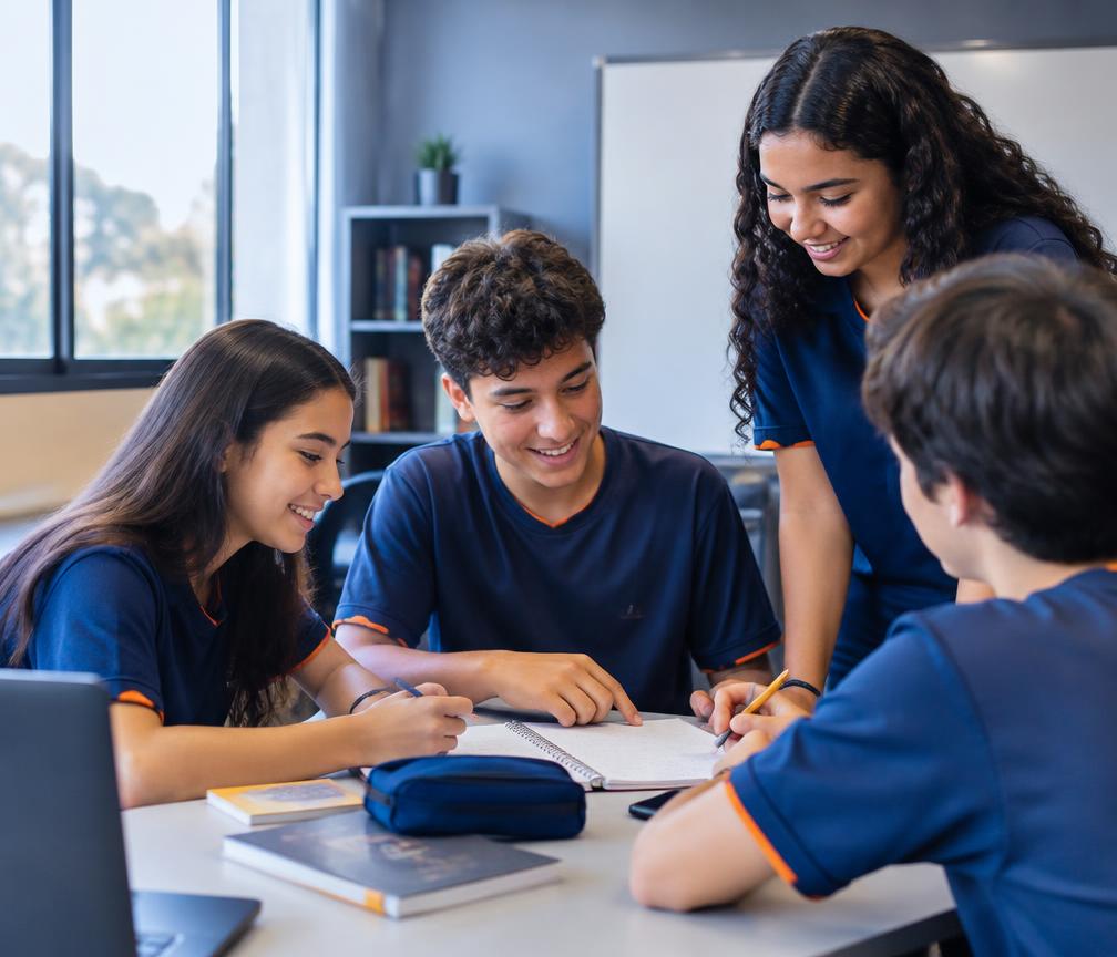 Estudantes dos anos finais colaborando em uma atividade em sala